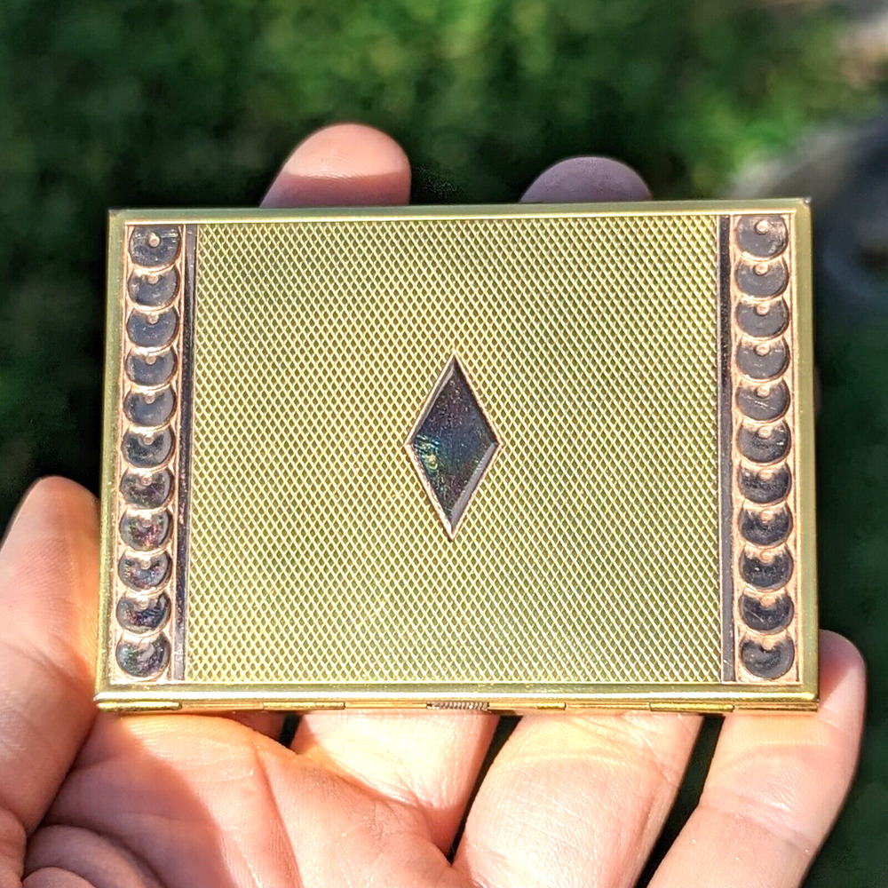 Vintage Evans Two-Tone Loose Powder Compact Yellow Rose Gold Tone w Puff & Mesh - Picture 11 of 11